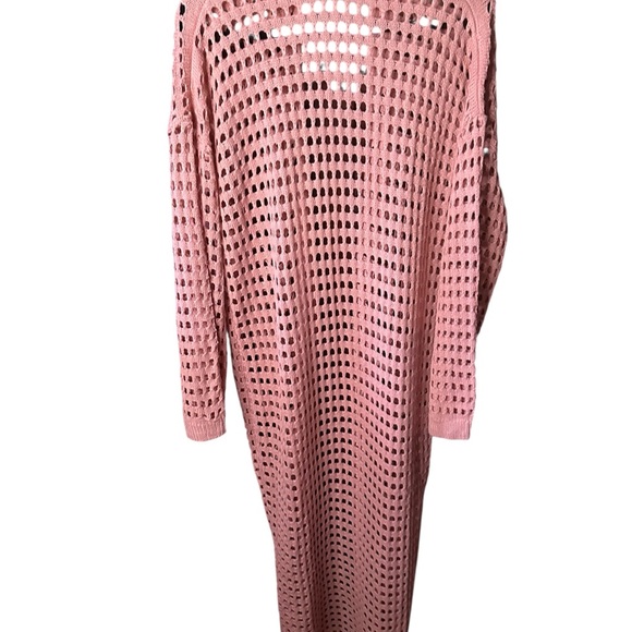 Coral Pink Long Open Knit Duster Cardigan - Picture 3 of 7